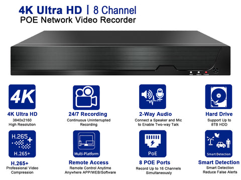 Dosilkc 4K 8 Channel POE NVR,   1080p/3MP/4MP/5MP/8MP/12MP POE Network Video Recorder  Supports up to 8TB HDD