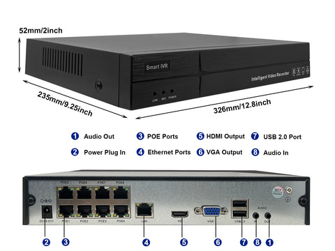 Dosilkc 4K 8 Channel POE NVR,   1080p/3MP/4MP/5MP/8MP POE Network Video Recorder  Supports up to 8TB HDD