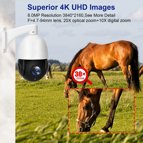 4K 8MP Outdoor PTZ IP POE Camera with Pan Tilt 20X Optical Zoom & 10X Digital Zoom Human Detection, Speed Dome Security Camera with 393ft IR Night Vision, Auto Tracking, 2-Way Audio(Compatible for Hikvision)