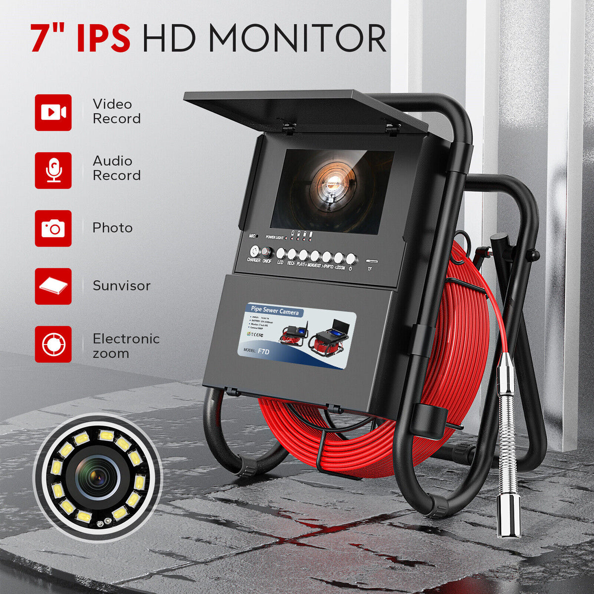 Sewer Pipe Inspection Camera 1080P HD Drain 7 Inch LCD Monitor 12PCS LED Light
